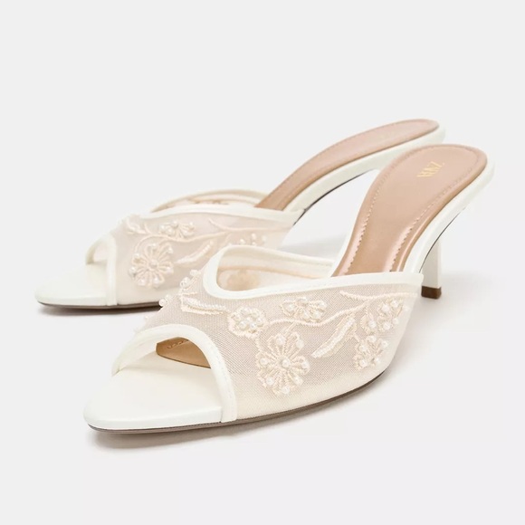 Zara Shoes - Zara open toe ivory off white embroidered embellished mesh sandal heels